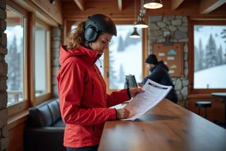 Femme consultant les prix des forfaits de ski à l'Alpe d'Huez au guichet d'une station alpine