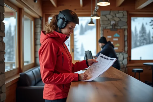 Femme consultant les prix des forfaits de ski à l'Alpe d'Huez au guichet d'une station alpine