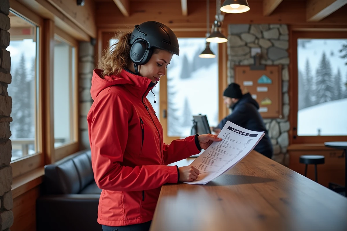 Femme consultant les prix des forfaits de ski à l'Alpe d'Huez au guichet d'une station alpine