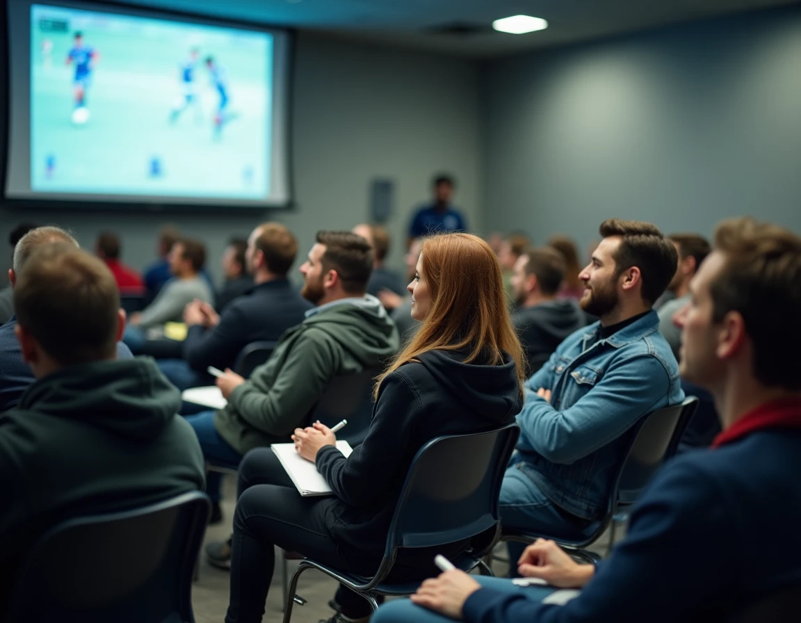 Public attentif assistant à une conférence-débat sur le sport dans une salle communautaire informelle