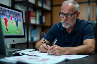 Recruteur de football analysant des statistiques de joueurs sur ordinateur dans un bureau de club professionnel
