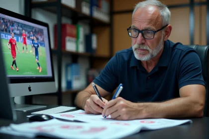 Recruteur de football analysant des statistiques de joueurs sur ordinateur dans un bureau de club professionnel