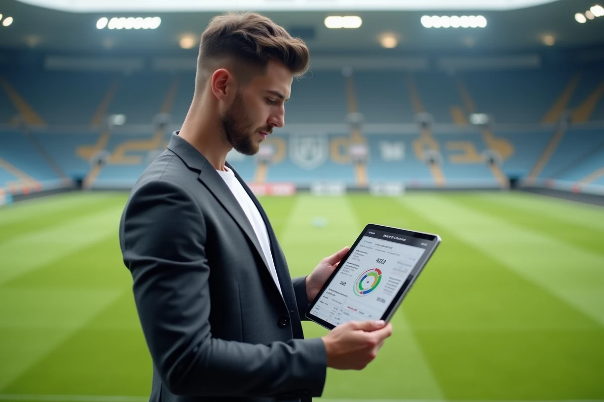 Jeune recruteur consultant un tableau de bord de recrutement sur tablette au bord d'un terrain de football professionnel