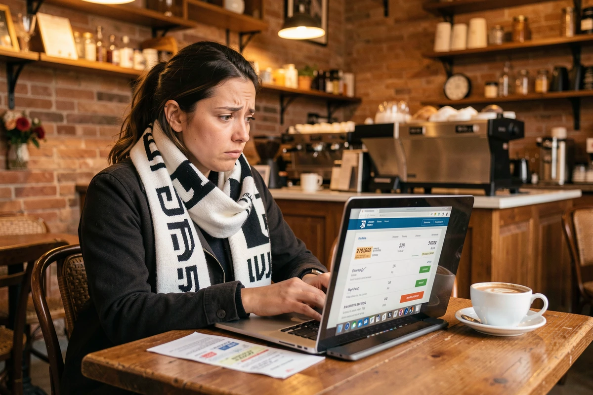 Une supportrice de la Juventus vérifie sa réservation de billets en ligne dans un café de Turin