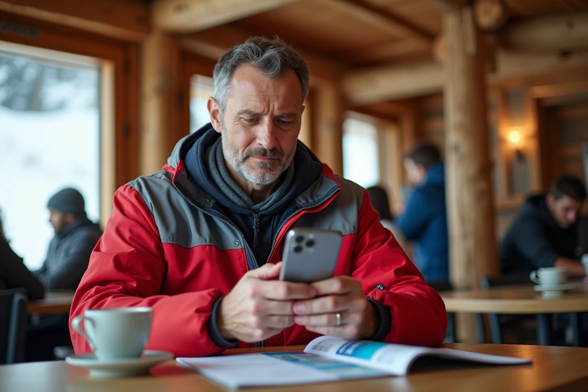 Homme consultant un site de réservation de forfait de ski sur smartphone dans un café chalet de Les Arcs 1800