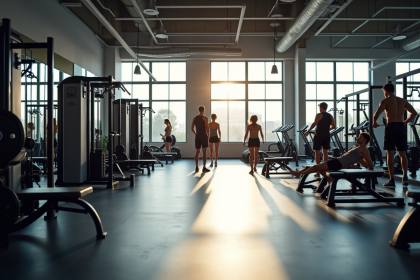 Salle de gym moderne avec équipements de musculation lumineux