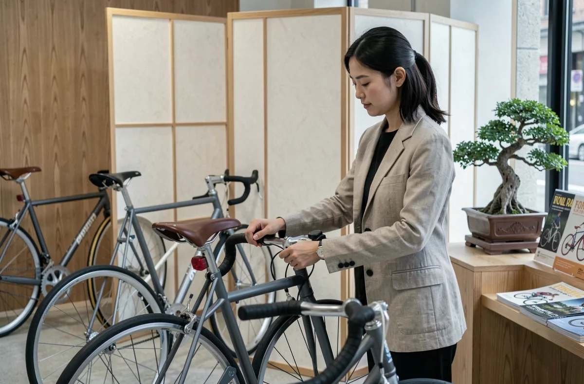 Propriétaire ajustant une selle en cuir sur un vélo artisanal dans la boutique Shirokuma à Paris