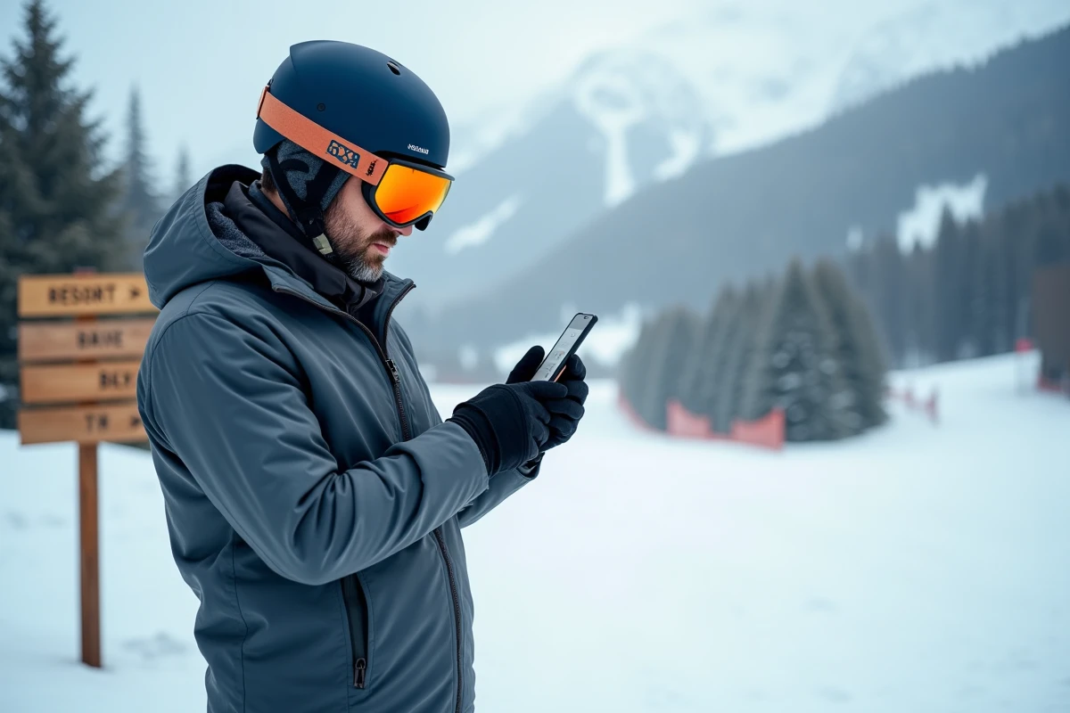 Skieur débutant consultant les tarifs de forfait sur son téléphone sur les pistes de l'Alpe d'Huez
