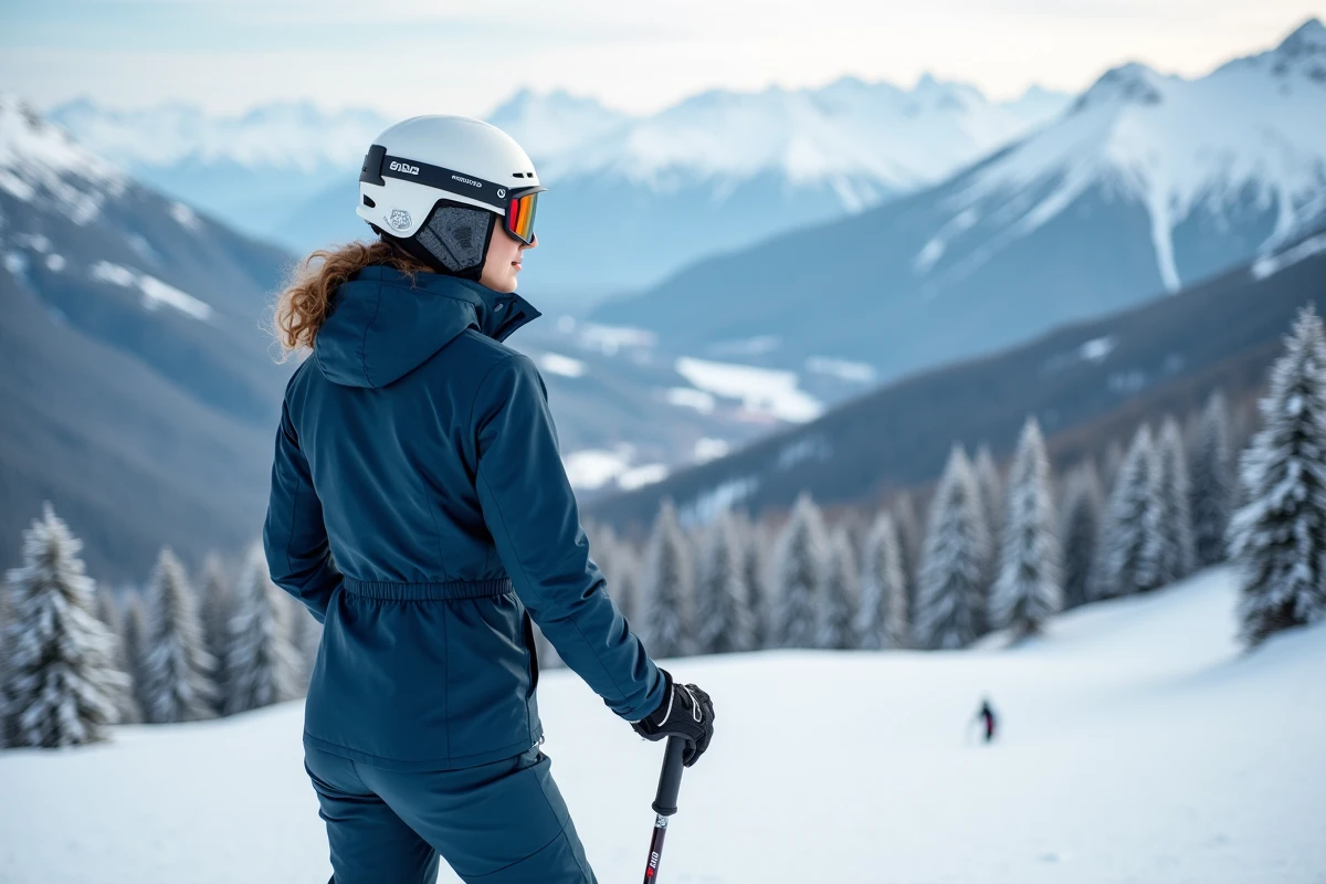 Skieuse en veste bleue au sommet d'une piste des Arcs avec panorama de montagne enneigée