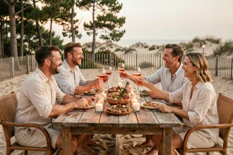 Groupe d'amis autour d'une table en terrasse à Montalivet lors d'une soirée estivale avec verres de rosé et tapas