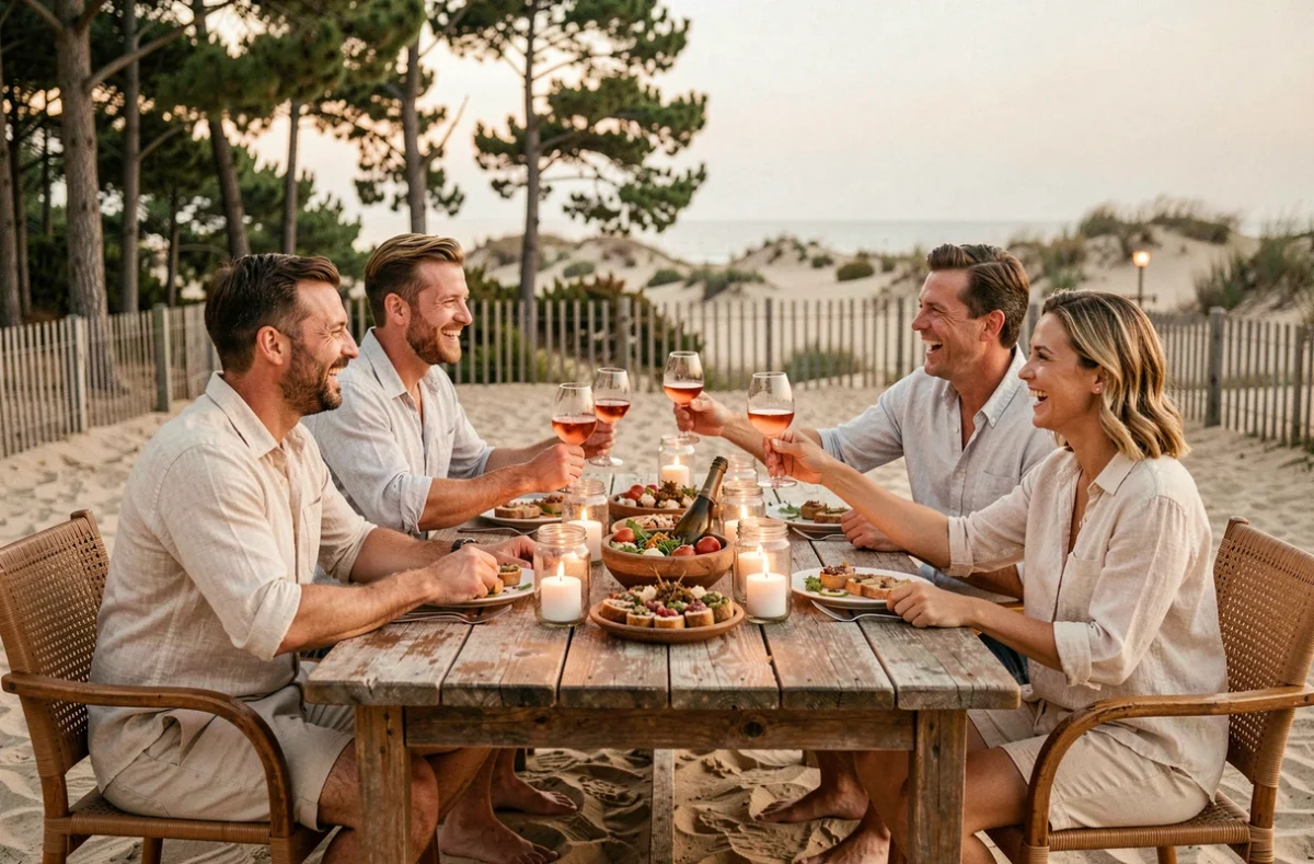 Groupe d'amis autour d'une table en terrasse à Montalivet lors d'une soirée estivale avec verres de rosé et tapas