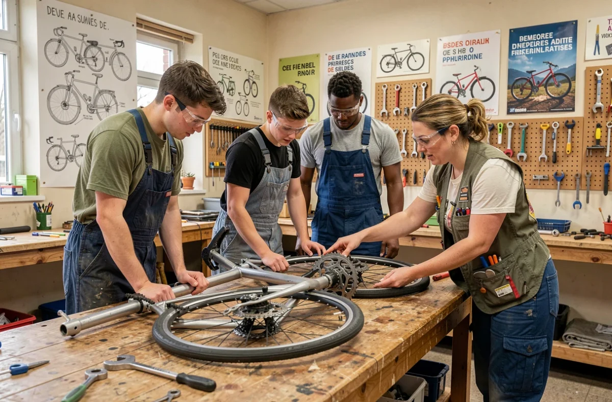 Stagiaires et formatrice travaillant ensemble sur un vélo démonté dans l'atelier solidaire Solicycle en Île-de-France
