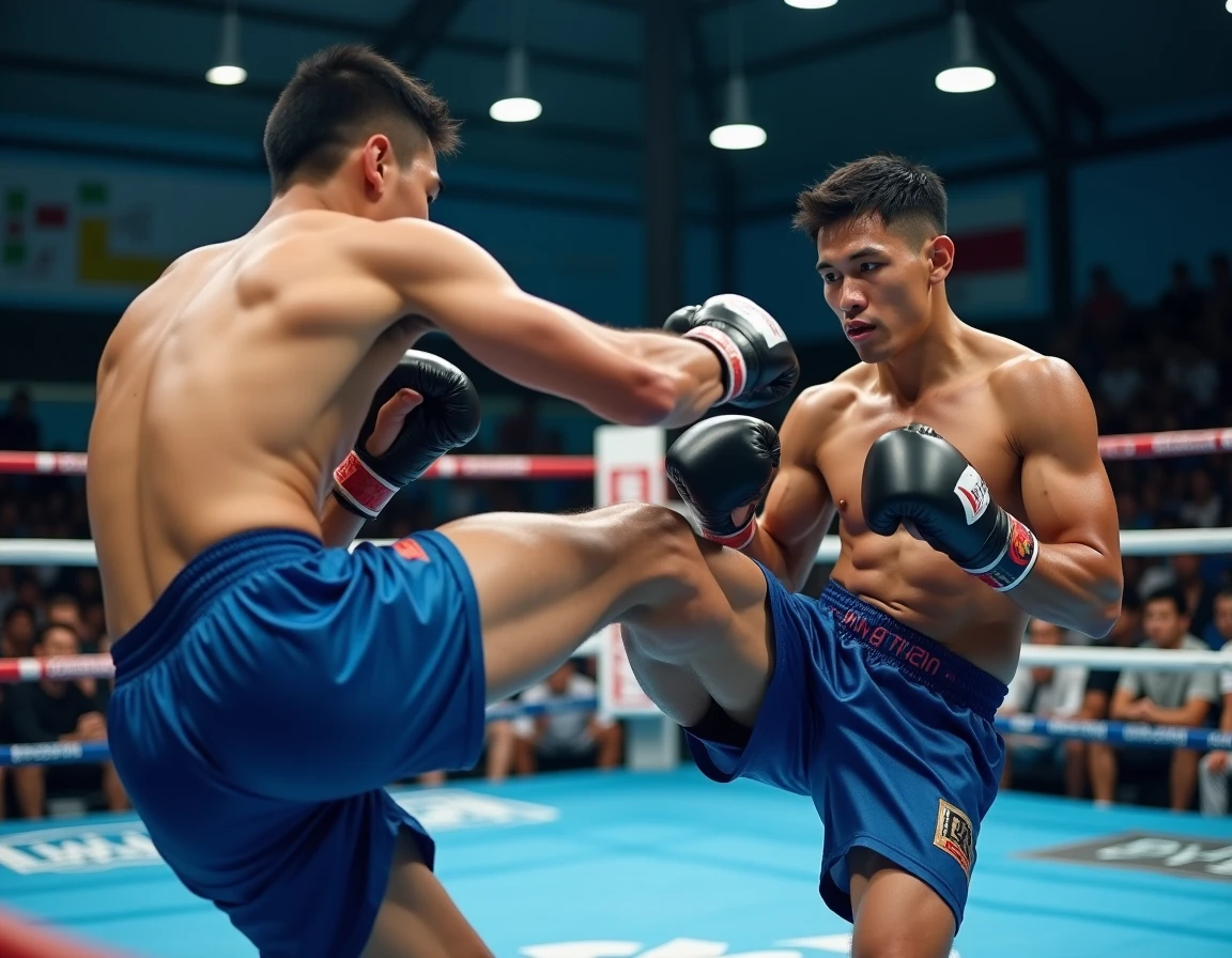 Deux boxeurs thaï en sparring de compétition, champion démontrant un teep technique parfait révélant la différence entre bon combattant et champion