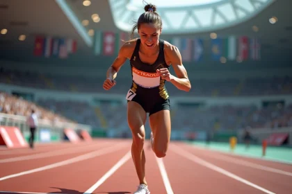 Sprinteuse professionnelle en salle explosant des starting blocks sur une piste synthétique rouge lors d'une compétition d'athlétisme indoor