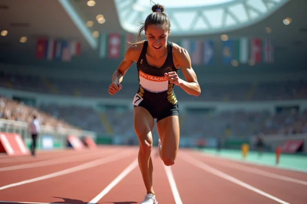 Sprinteuse professionnelle en salle explosant des starting blocks sur une piste synthétique rouge lors d'une compétition d'athlétisme indoor