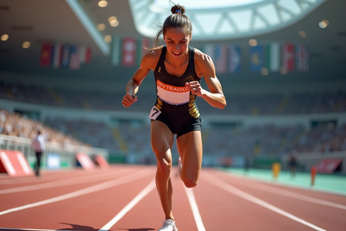 Sprinteuse professionnelle en salle explosant des starting blocks sur une piste synthétique rouge lors d'une compétition d'athlétisme indoor