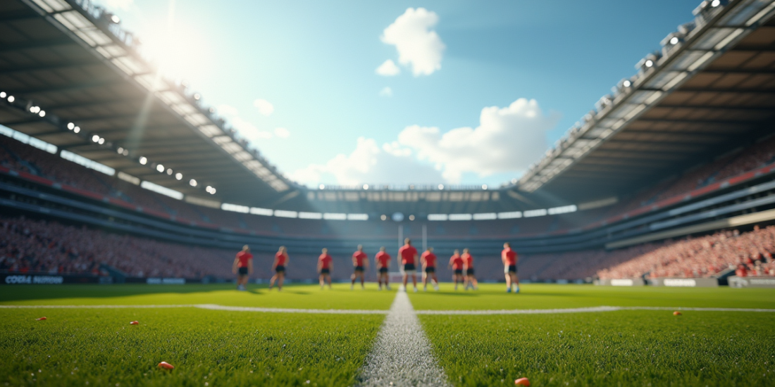 Stade de rugby avec joueurs alignes pour le coup d'envoi