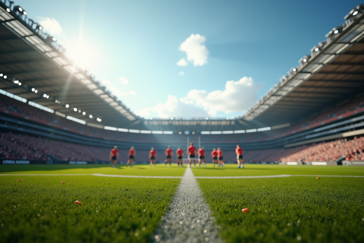 Stade de rugby avec joueurs alignes pour le coup d'envoi