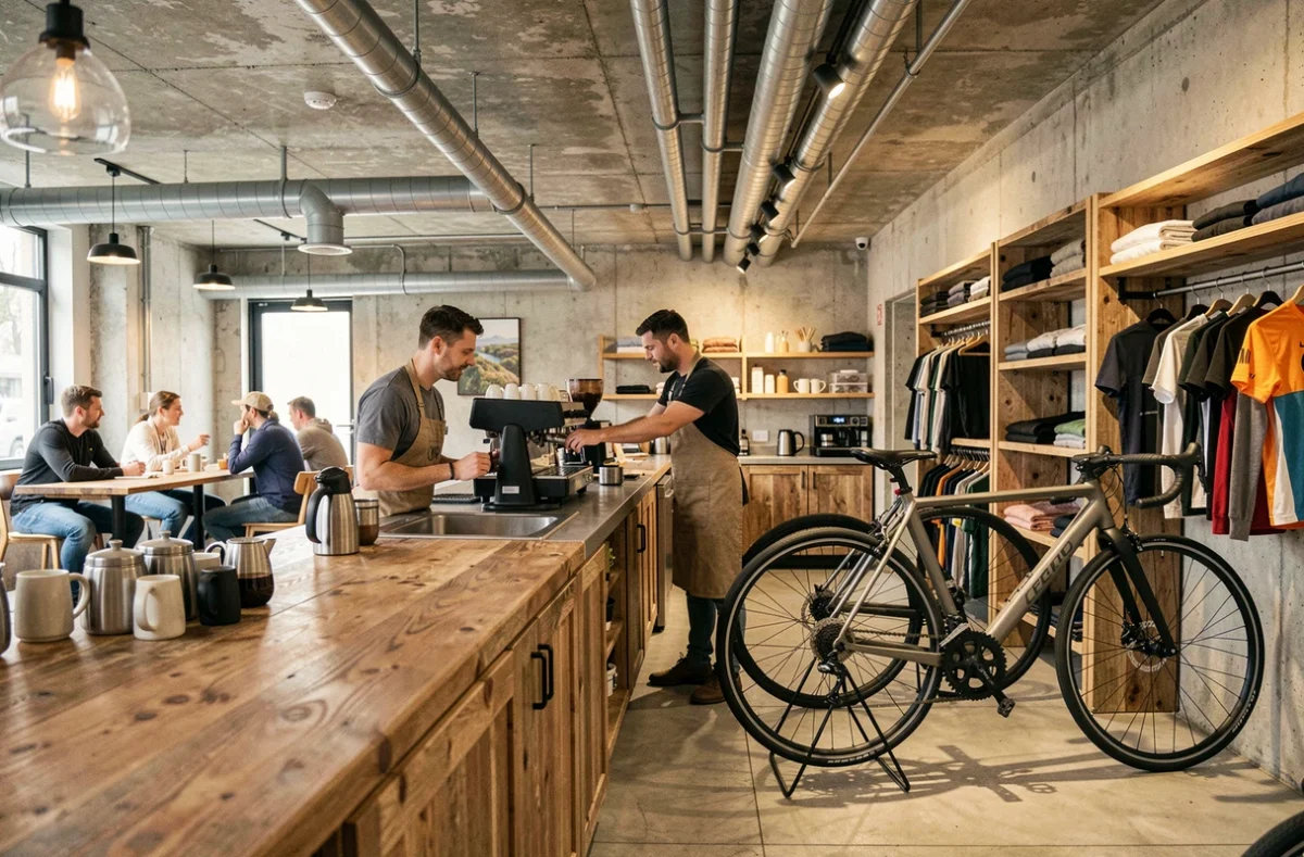 Espace hybride café et boutique vélo Steel Cyclewear and Coffeeshop à Paris, ambiance industrielle conviviale
