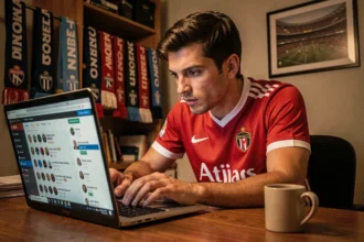 Supporter de l'ASM en maillot rouge et blanc naviguant sur un forum de football depuis son bureau à domicile