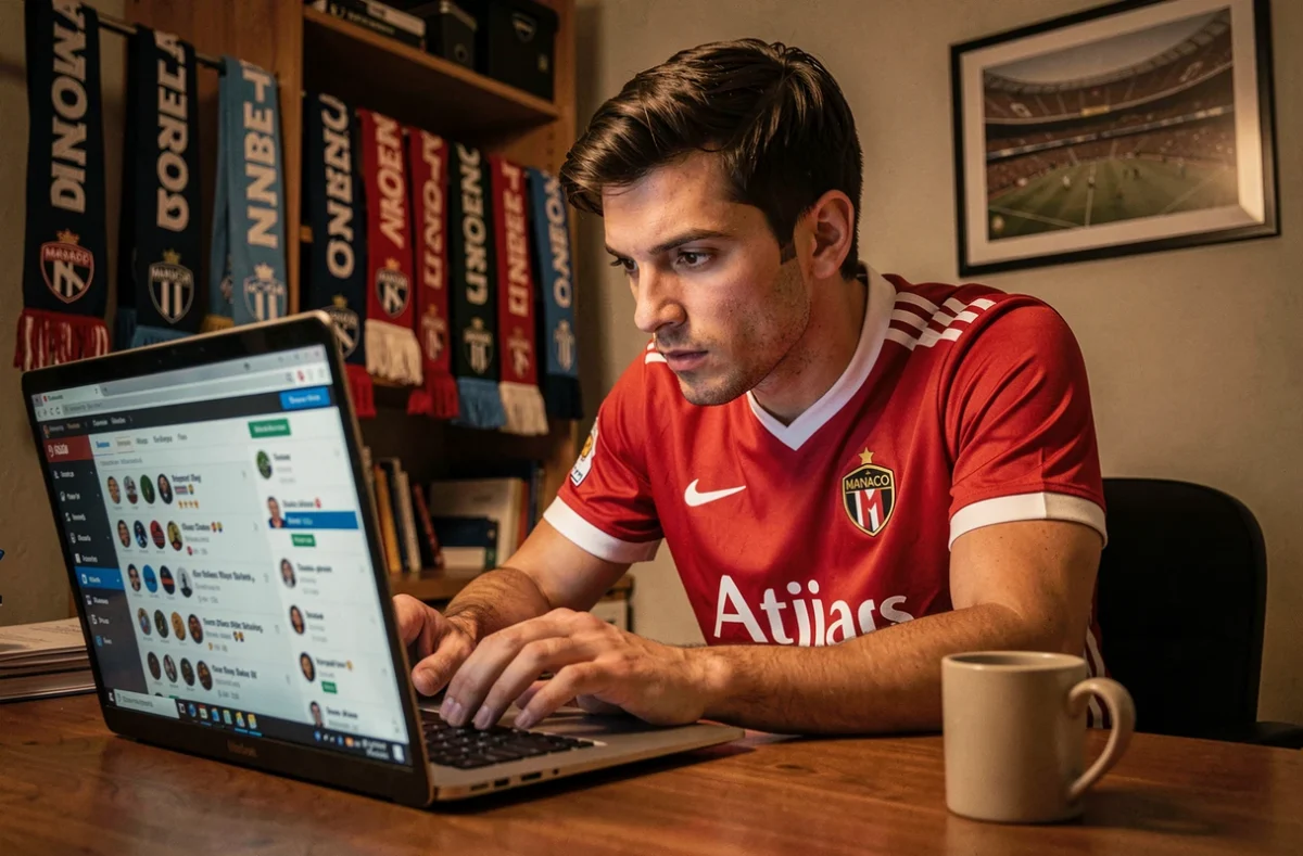 Supporter de l'ASM en maillot rouge et blanc naviguant sur un forum de football depuis son bureau à domicile