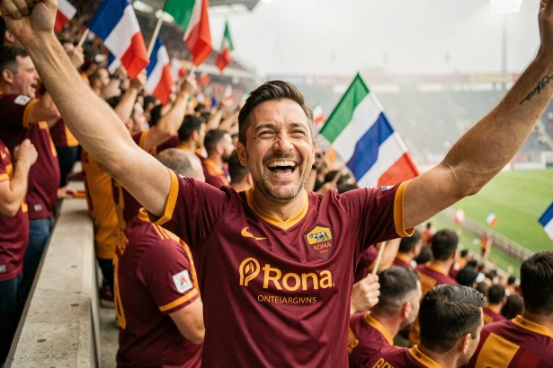 Supporter français en maillot de l'AS Roma célébrant dans un stade de football lors d'un match de Serie A