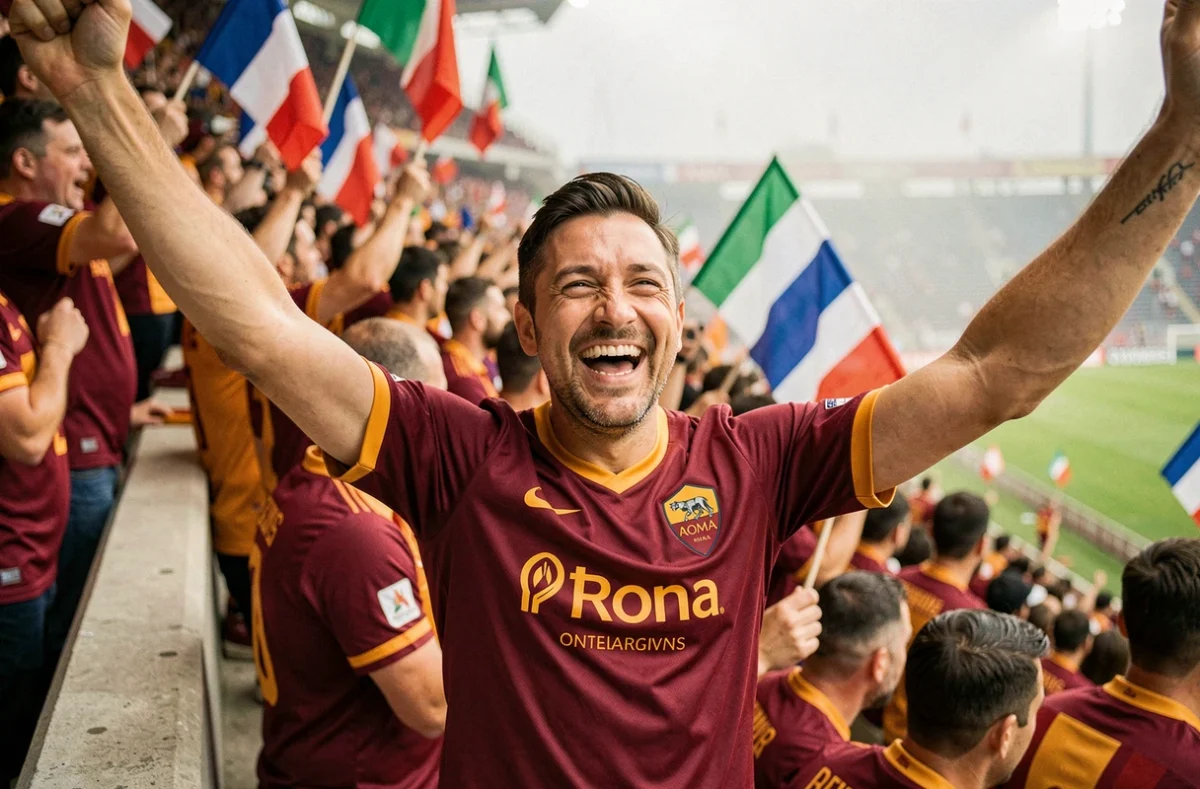Supporter français en maillot de l'AS Roma célébrant dans un stade de football lors d'un match de Serie A