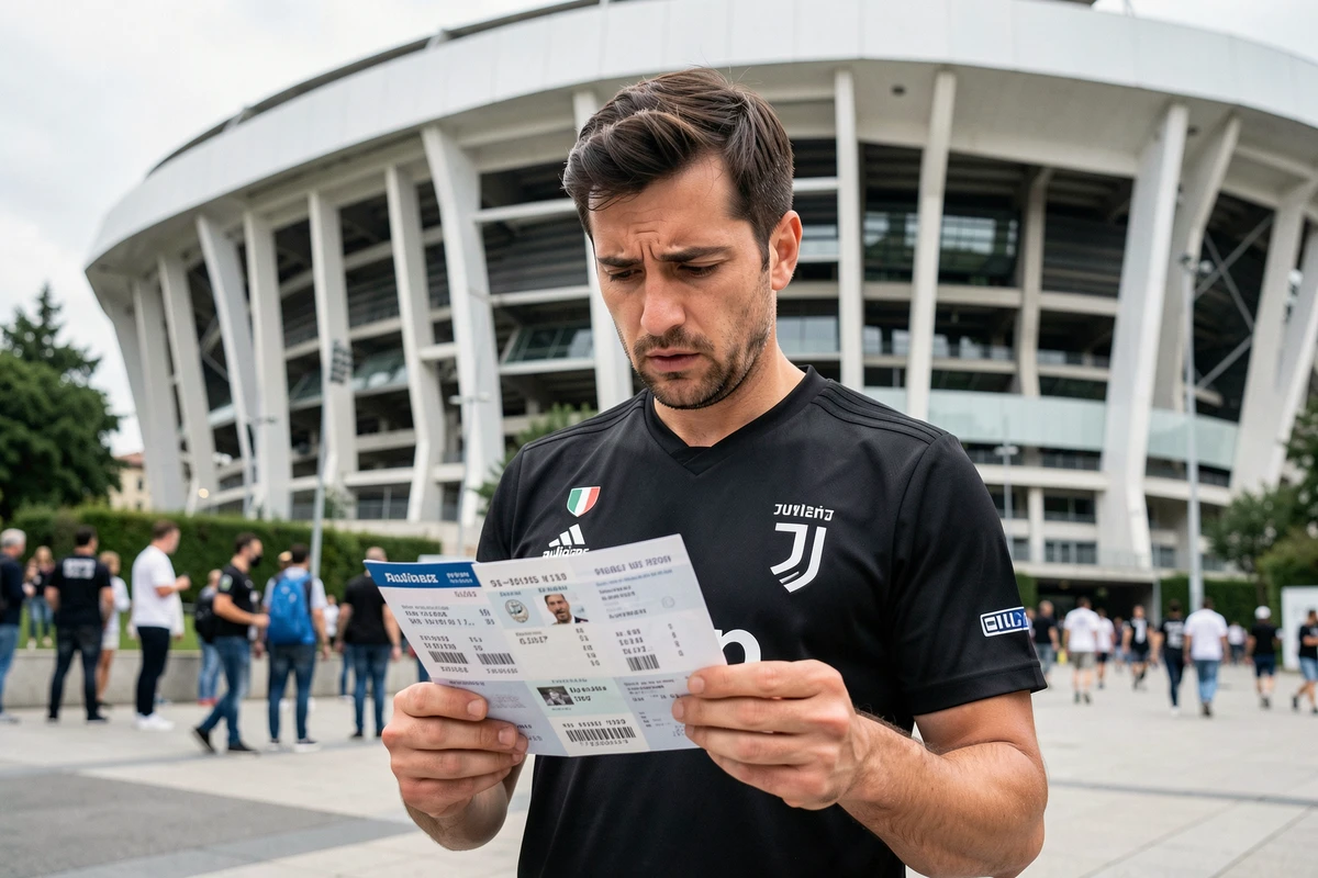 Un supporter de la Juventus examine ses billets devant l'Allianz Stadium de Turin avant un match
