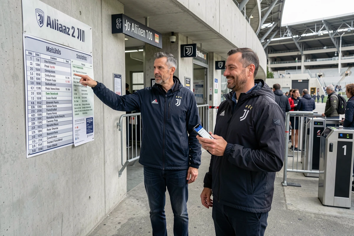 Deux supporters de la Juventus consultent les informations de billetterie à l'entrée de l'Allianz Stadium