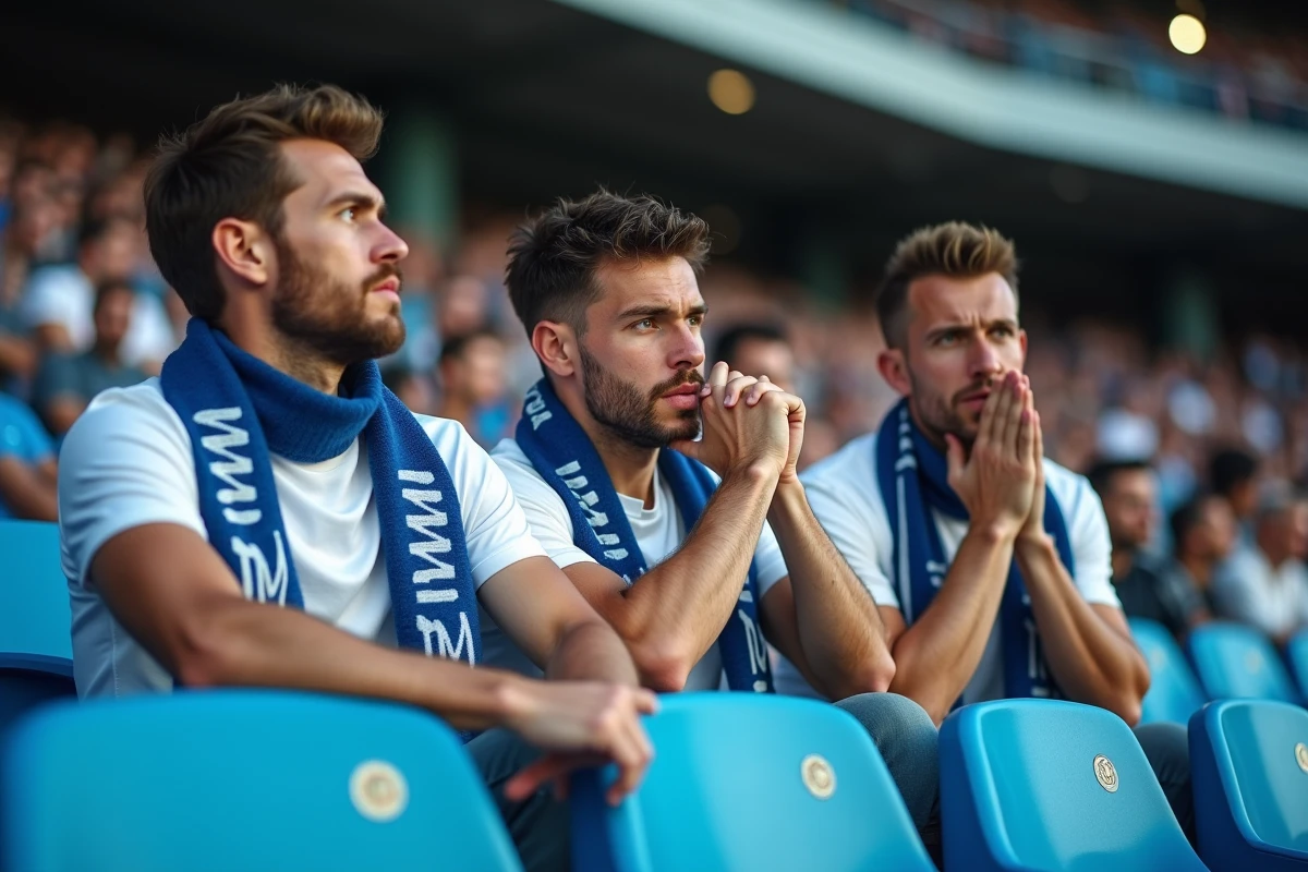 Supporters inquiets de l'OM dans les tribunes discutant des mauvais résultats de 2026
