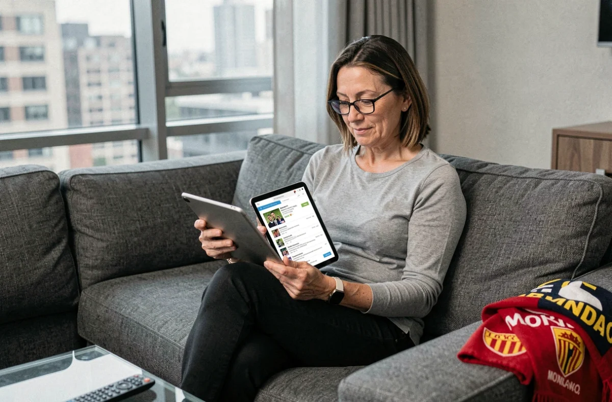 Supportrice de l'AS Monaco lisant un forum de football sur une tablette depuis son canapé dans un salon moderne