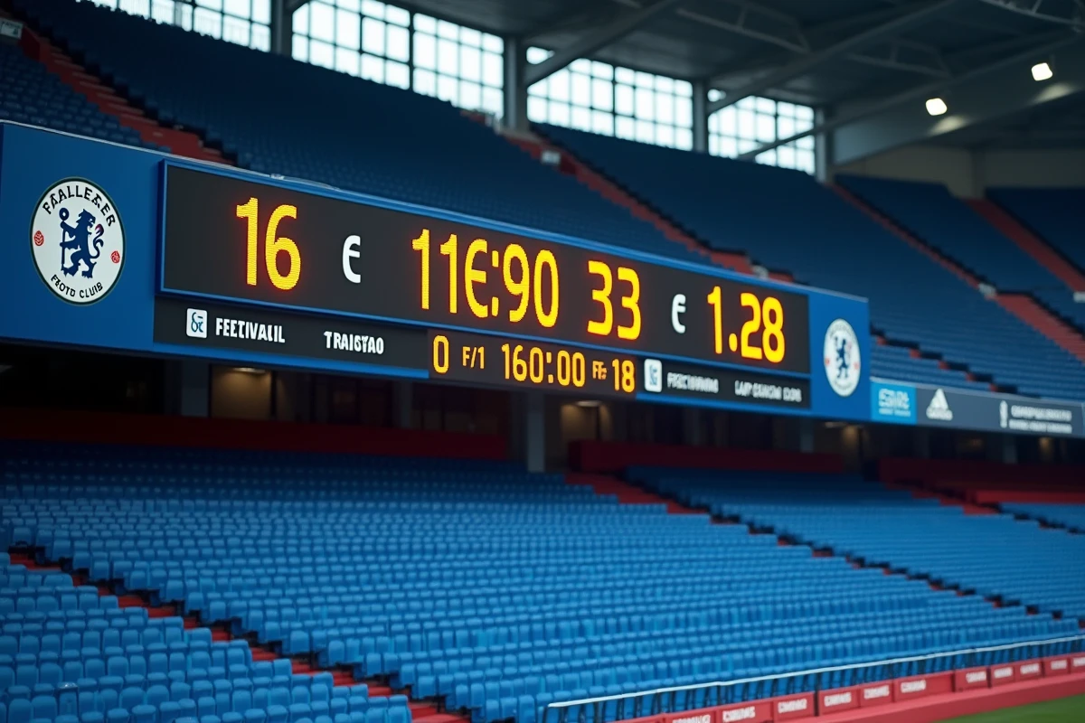 Tableau d'affichage d'un stade de football montrant des statistiques financières et des chiffres de salaires de joueurs professionnels du PSG