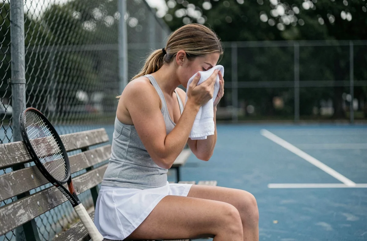 Joueuse de tennis assise sur le banc de changement de côté pratiquant un rituel de respiration pour gérer la pression mentale