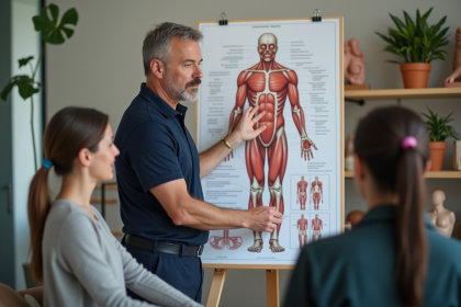 Kinésithérapeute montrant un poster anatomique