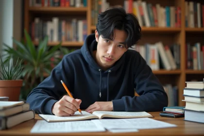 Jeune homme annotant une traduction de manga Blue Lock sur un bureau encombré de volumes manga et de notes manuscrites