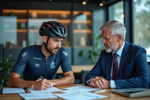 Cycliste professionnel en discussion contractuelle avec son agent lors des transferts 2026 dans un bureau de management sportif