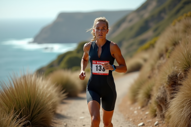 Triathlète femme courant sur sentier côtier accidenté