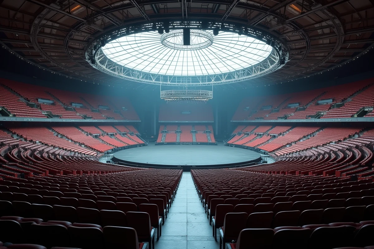 Vue panoramique de l'intérieur de la Bercy Arena montrant la disposition des places et la scène principale